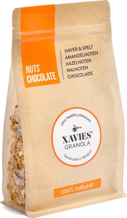 Papieren zak met Xavier's Granola Noten Chocolade, 100% natuurlijk, handgemaakt in België.