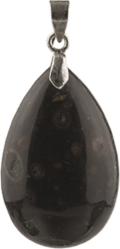 Zwarte druppelvormige hanger met rode en grijze spikkels.