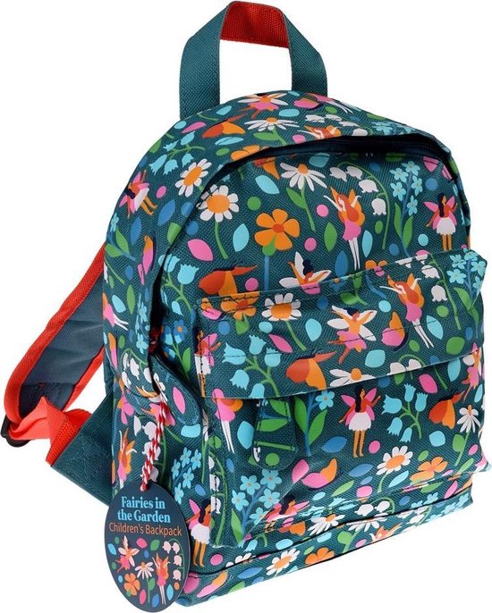 Sac à dos enfant vert "Fairies in the Garden" avec des fleurs et des fées aux couleurs orange, rose et blanc. Avec poche avant et étiquette.