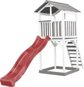 AXI Beach Tower Speeltoestel in Grijs/Wit - Speeltoren met Zandbak en Rode Glijbaan - FSC hout - Speelhuis op palen voor de tuin