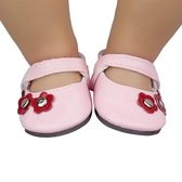 Dolldreams  | Klassieke roze Poppenschoenen met rode bloemetjes - 6,5 cm - Schoenen geschikt voor baby born
