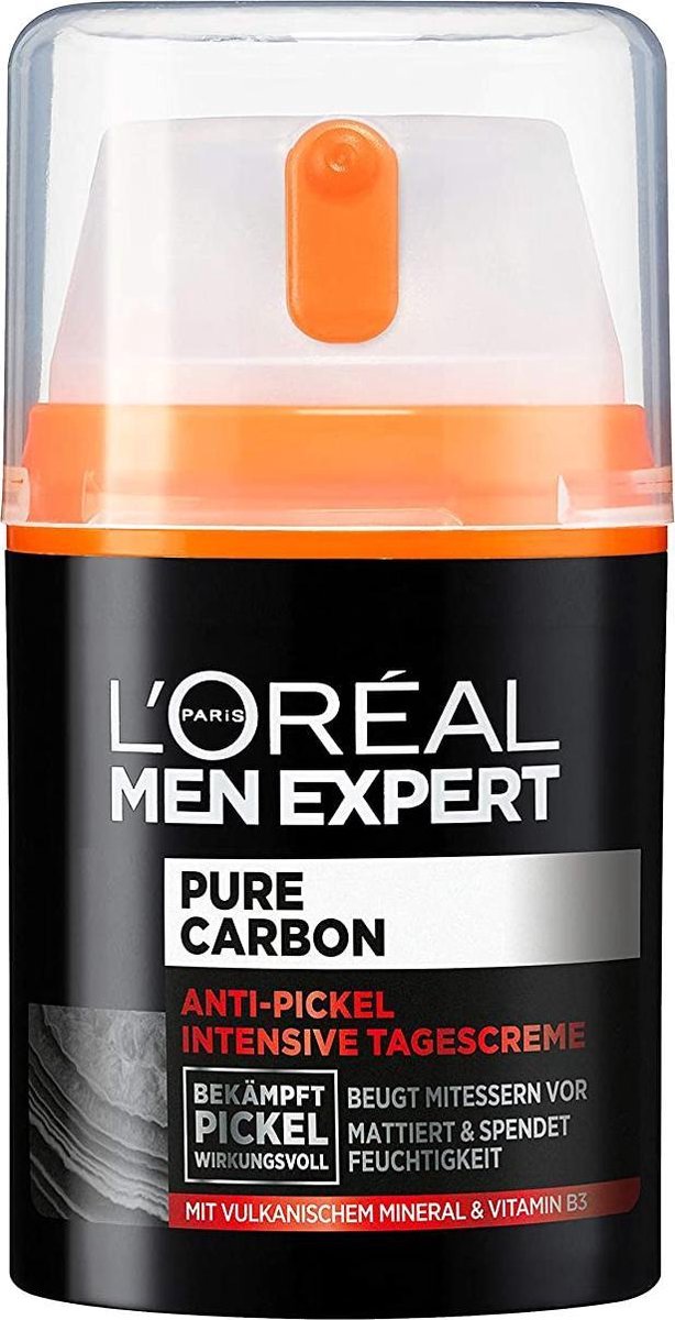 L'Oréal Men Expert Gezichtsverzorging voor Mannen, Anti-Puistjes Moisturizer met Vitamine B3 en Vulkanisch Mineraal, Pure Koolstof, 1 x 50 ml