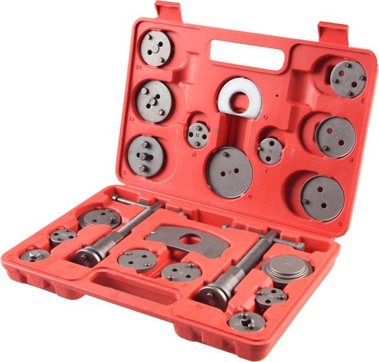 Rood koffer met 21-delige remzuiger terugstelset, gereedschap in metalen en rode kunststof behuizing.