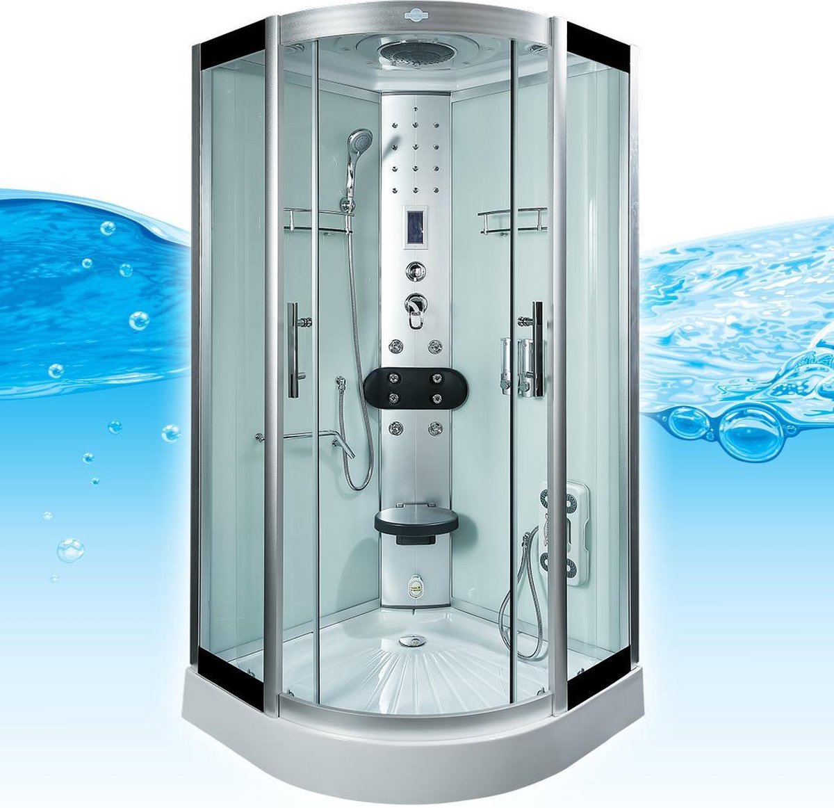 Stoomcabine 90X90X215 Enla. Luxe Stoomdouche, THERMOSTAATKRAAN Uitvoering, Kit-Vrij, Wit, Veiligheidsglas, LED, Radio, Speakers, Zitje, Massage, Hoekmodel, Kwartrond, Schuifdeuren, Douchebak, Afvoer, Sifon, A Kwaliteit, Full Options. Royal Sanitair