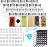 Set van 24 kruidenpotjes met vierkante glazen potjes, inhoud 120 ml, 10,5 x 4,3 cm, luchtdichte dop, bord & transparant etiket, shaker-inzetstukken en brede trechter