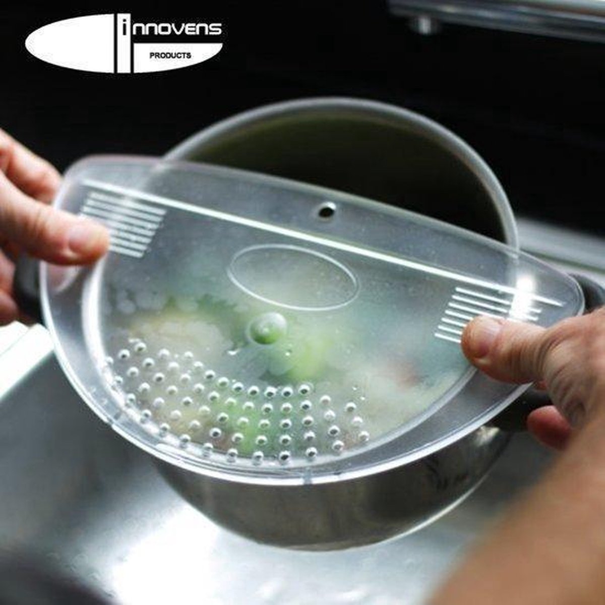 Afgieter – Veilig afgieten – Solide compacte keuken afgietdeksel - Afgiethulp - Keuken zeef - Transparant - Koken - Innovens