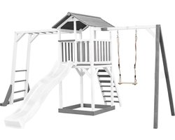 AXI Beach Tower Speeltoestel in Grijs/Wit - Speeltoren met Klimrek, Enkele Schommel, Witte Glijbaan en Zandbak - FSC hout - Speelhuis op palen voor de tuin