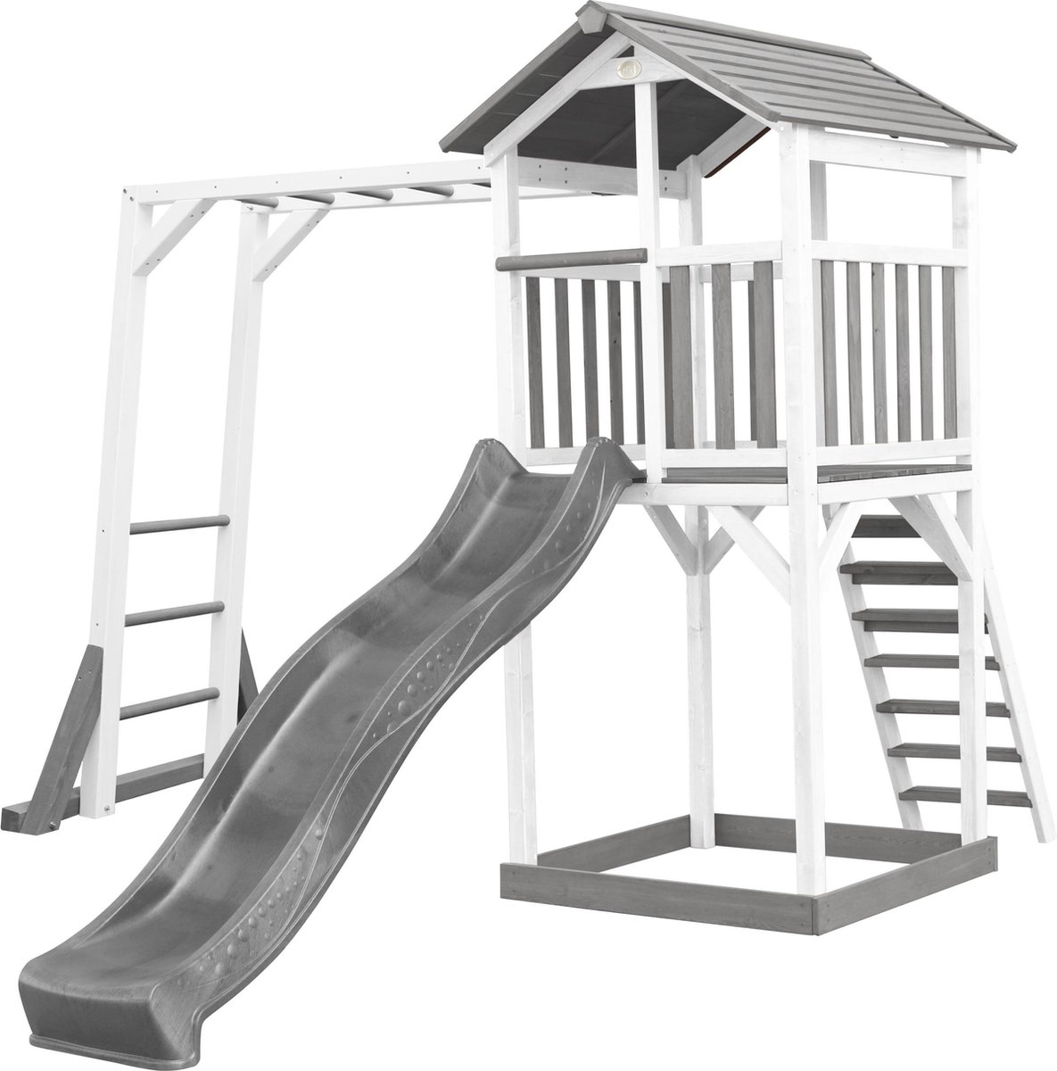 AXI Beach Tower Speeltoestel in Grijs/Wit - Speeltoren met Klimrek Grijze Glijbaan en Zandbak - FSC hout - Speelhuis op palen voor de tuin