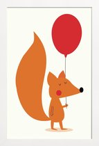 JUNIQE - Poster met houten lijst Fox with a Red Balloon -13x18 /Oranje