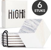 HighSupply Design Onderzetters van Marmer en Keramiek voor Glazen – Wit – 6 Onderleggers – Glasonderzetters met Houder – Kurk