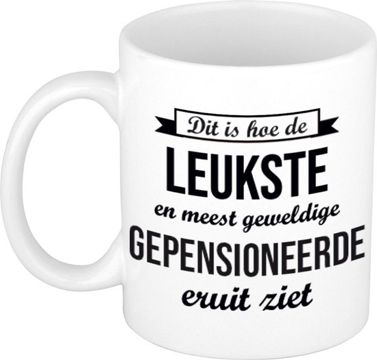 Foto: Dit is hoe de leukste en meest geweldige gepensioneerde eruitziet koffiemok theebeker 300 ml wit vut pensioen bedankt cadeau collega teamgenoot