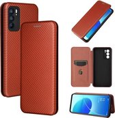 Voor OPPO Reno6 Koolstofvezel Textuur Magnetische Horizontale Flip TPU + PC + PU Lederen Case met Kaartsleuf (Bruin)