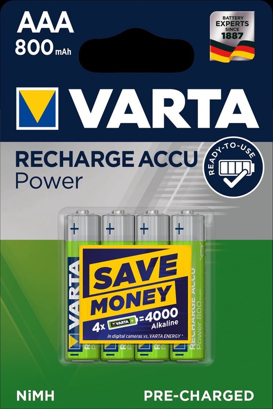 Varta AAA Oplaadbare Batterijen - 800mAh - 4 stuks | bol.com