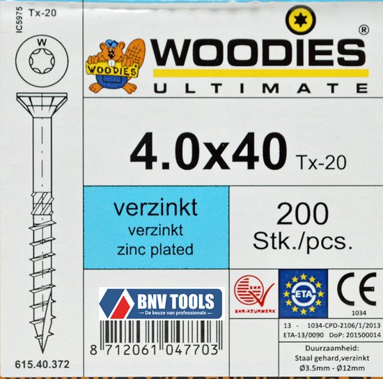 Verpakking van 200 stuks Woodies Ultimate verzinkte schroeven 4x40 Tx-20.