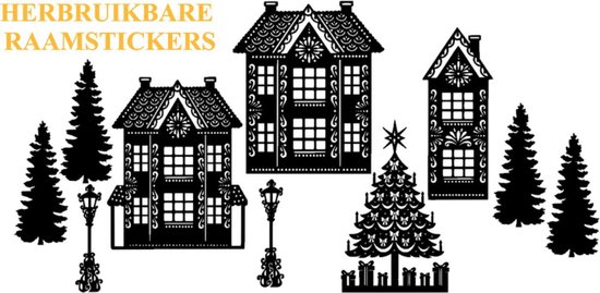 10 delige Raamsticker set herbruikbaar huisjes - kerstboom - lantaarnpaal | Rosami Decoratiestickers