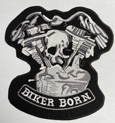 Biker rug patch mororblok met vleugels, skull en tekst "biker born"