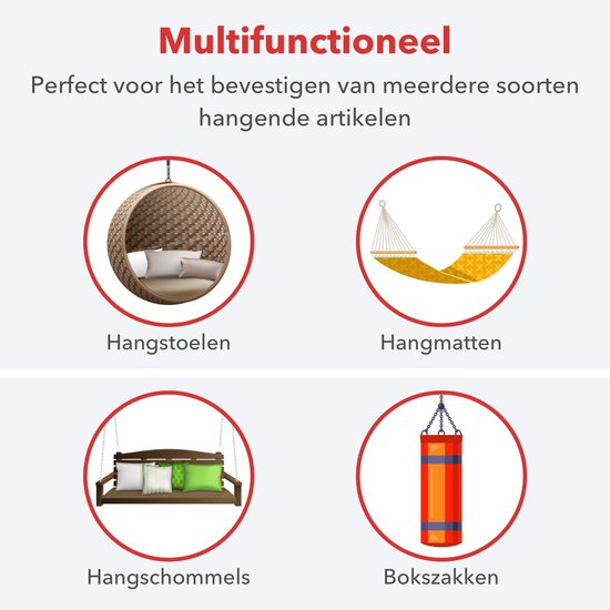 Illustraties van een hangstoel, hangmat, hangschommel en bokszak, allemaal geschikt voor de plafondhaak.