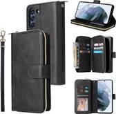 Voor Samsung Galaxy S21 FE Rits Portemonnee Tas Horizontale Flip PU Lederen Case met Houder & 9 Kaartsleuven & Portemonnee & Lanyard & Fotolijst (Zwart)