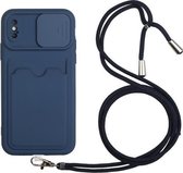 Sliding Camera Cover Design TPU-beschermhoes met kaartsleuf en nekkoord voor iPhone XS Max (saffierblauw)