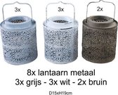 PHdesign Lantaarn metaal rond - windlicht metaal rond met windglas - 8 stuks assortiment van 3 kleuren - tuinlantaarn - horeca / terras / tafel lantaarns dia15xH19cm - 3x wit 3x grijs 2x bruin - horeca accessoires