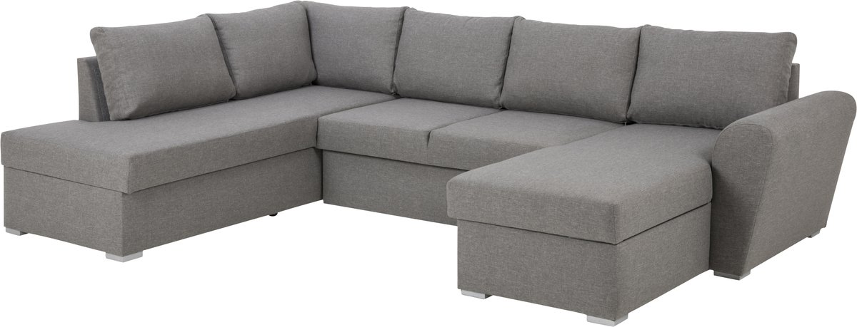 Stan slaapbank, hoek links met chaise longue rechts, in lichtgrijs.