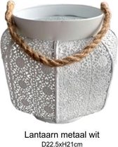 Lanterne en métal ajouré blanc - avec une poignée en corde - lanterne décorative D22,5xH21cm