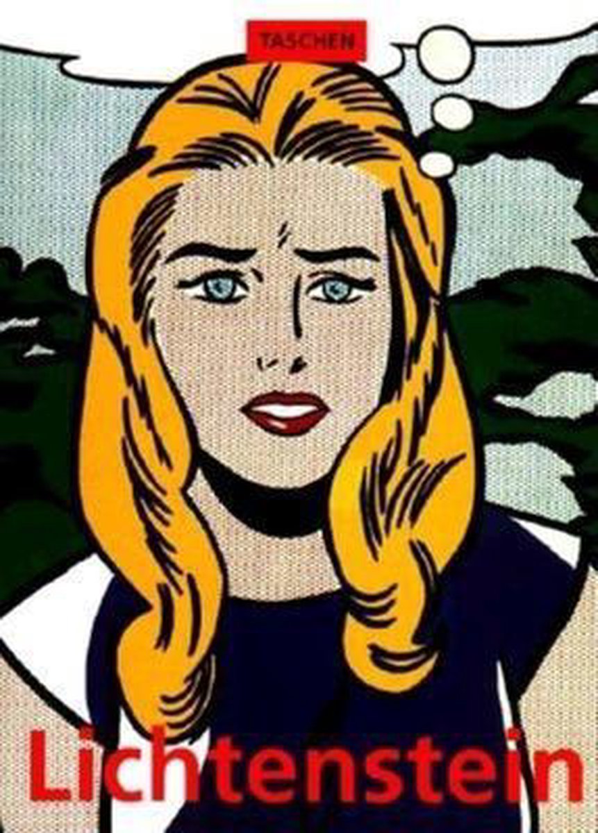 Cover van 'Lichtenstein' boek, met stripboekstijl portret van een blonde vrouw.