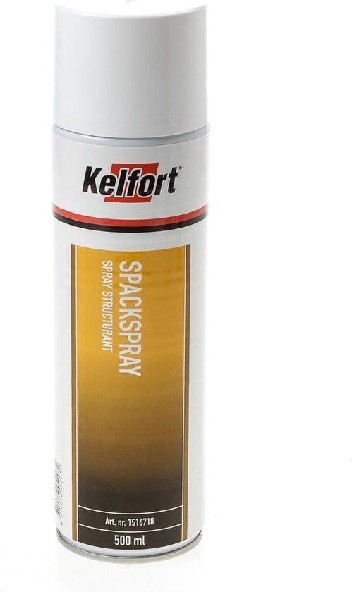 Kelfort spackspray 500 ml bus met witte dop, Kelfort logo en oranje-bruine vlek. De tekst 'SPACKSPRAY' is verticaal geplaatst.