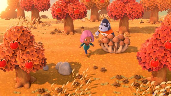 Personages in een bos met oranje bladeren en paddenstoelen.