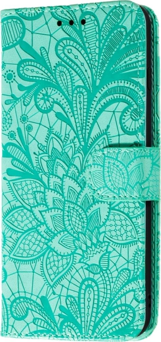 Mobigear Telefoonhoesje geschikt voor POCO F2 Pro Hoesje | Mobigear Flowers Bookcase Portemonnee | Pasjeshouder voor 3 Pasjes | Telefoonhoesje voor Pinpas / OV Kaart / Rijbewijs - Turquoise