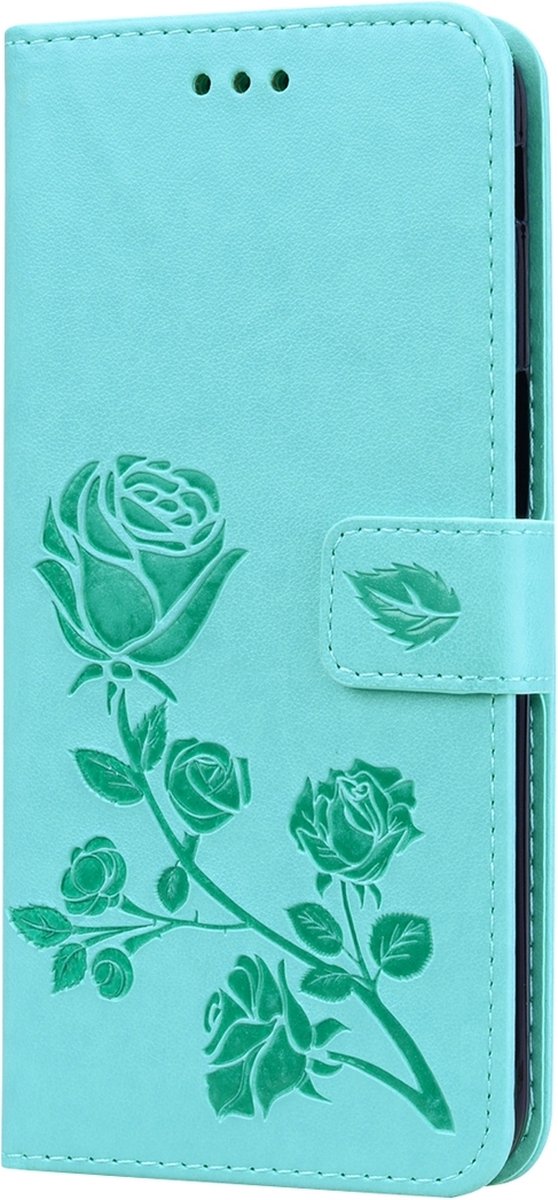 Mobigear Telefoonhoesje geschikt voor Samsung Galaxy J6 Plus Hoesje | Mobigear Roses Bookcase Portemonnee | Pasjeshouder voor 2 Pasjes | Telefoonhoesje voor Pinpas / OV Kaart / Rijbewijs - Turquoise
