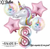 * Snoes * Unicorn * Eenhoorn Licht Roze* Set van 6 Ballonnen XL * Unicorn Nummer 8 * Achtste verjaardag * Hoera 8 Jaar * Birthday