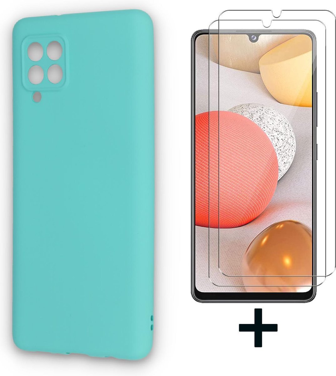 HB Hoesje Geschikt voor Samsung Galaxy A12 - Turquoise + 2X Glazen Screenprotector - Siliconen Back Cover