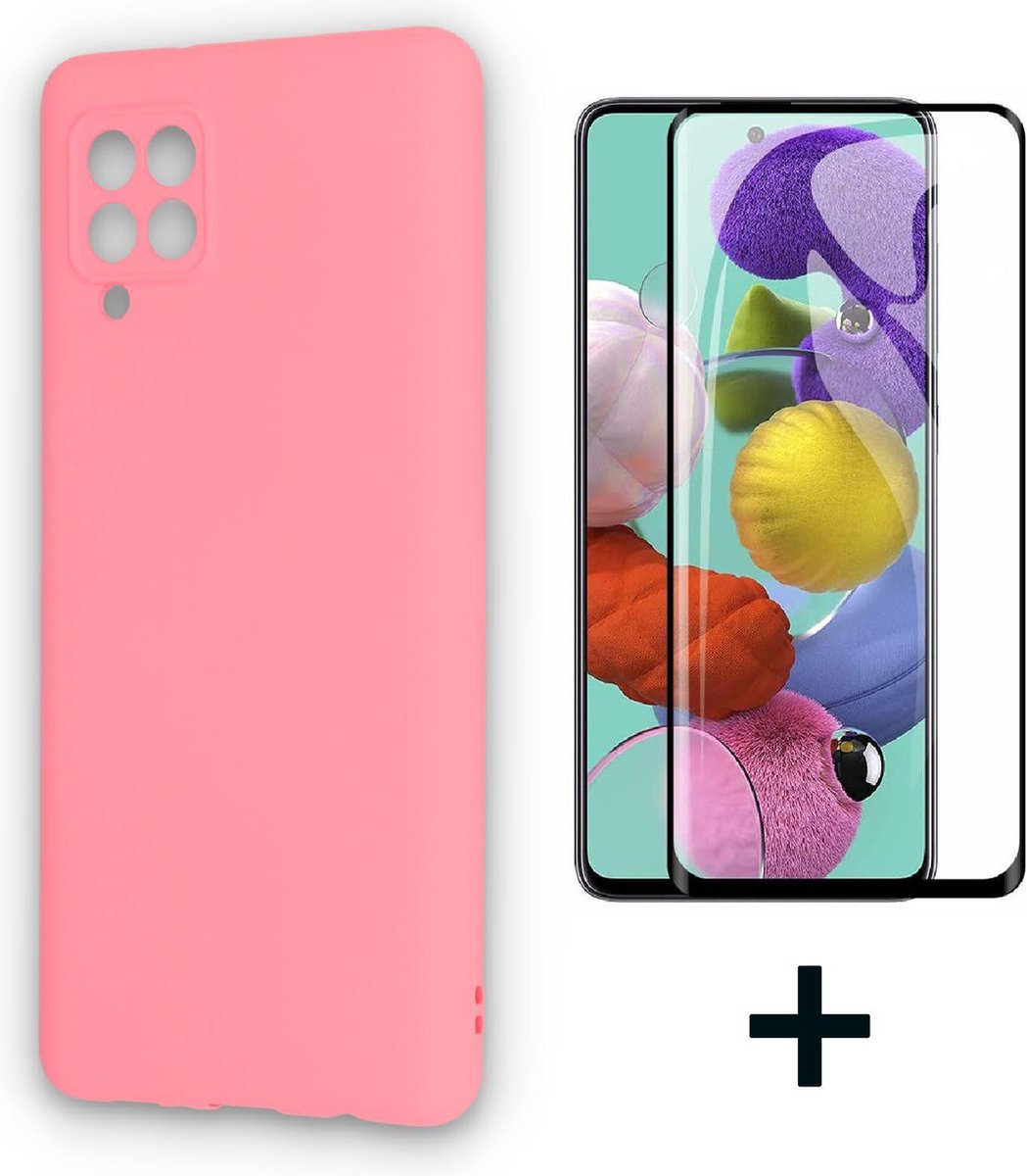 HB Hoesje Geschikt voor Samsung Galaxy A12 - Roze/ Fullscreen Glazen Screenprotector - Siliconen Back Cover