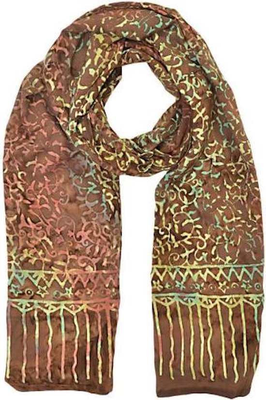 Sjaal gemaakt van rayon figuren in de kleuren bruin geel rood groen blauw roze, lengte 175 cm en breedte 65 cm.