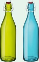 Set van 2 gekleurde beugelflessen | Waterfles | Water karaf |Bormioli Rocco | Italiaans glas | 2 x beugelfles 1 liter | met beugelsluiting