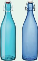 Set van 2 gekleurde beugelflessen | Waterfles | Bormioli Rocco | Italiaans glas | 2 x beugelfles 1 liter | met beugelsluiting