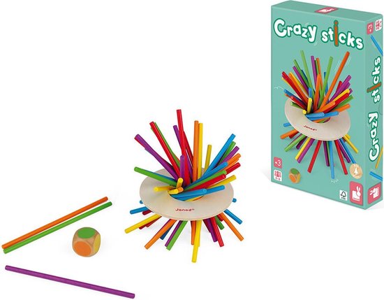 Spel "Crazy Sticks" met kleurrijke stokjes, dobbelsteen en losse stokjes.