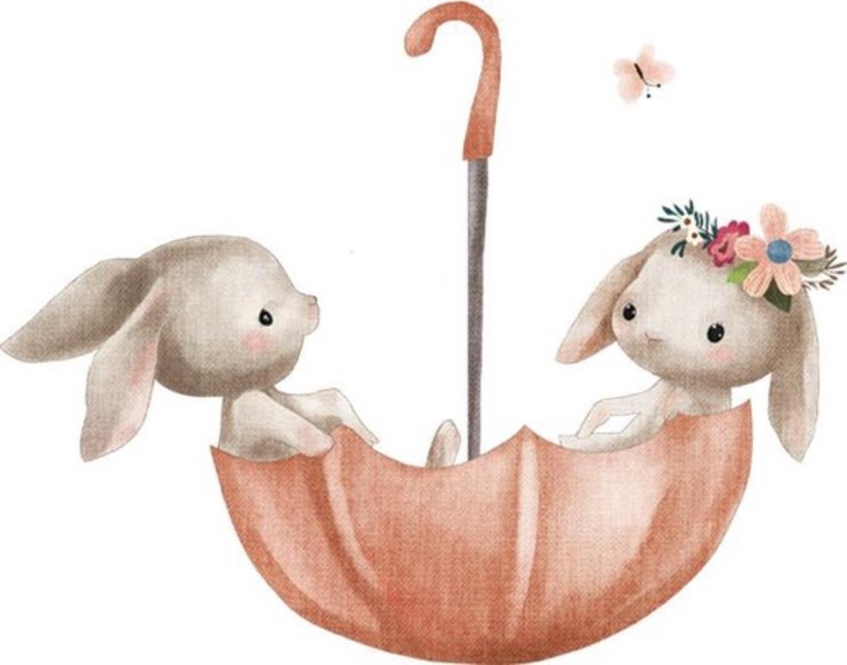 Muursticker - Konijnen met paraplu - Kinderkamer decoratie - Babykamer - Muurdecoratie
