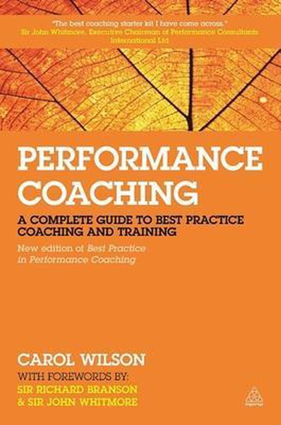 Boek "Performance Coaching" met de titel "A COMPLETE GUIDE TO BEST PRACTICE COACHING AND TRAINING". Achtergrond van een herfstblad.