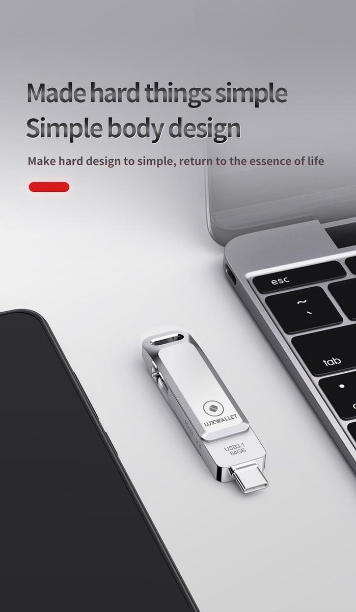 LUXWALLET PD8 Clé USB 64Go USB-C Type-C 3.1- USB 3.0 Flash Drive