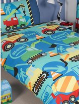 1-persoons kinder / jongens dekbedovertrek “wegenbouw” met graafmachines, takelwagens, vrachtwagens en trucks (auto’s) in het blauw - groen ( cadeau idee!)
