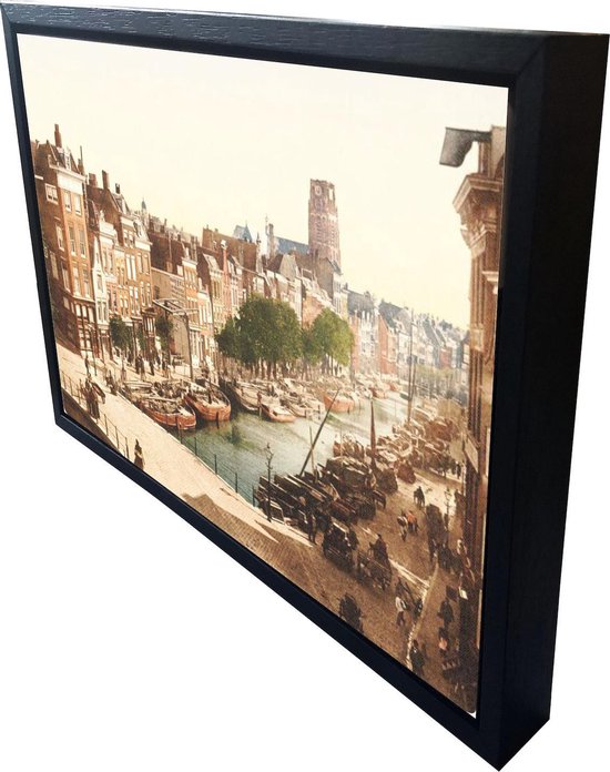 Oud Stadsgezicht Rotterdam Delftsevaart - Oude Foto Print op Canvas Doek 90x60cm in zwarte houten baklijst