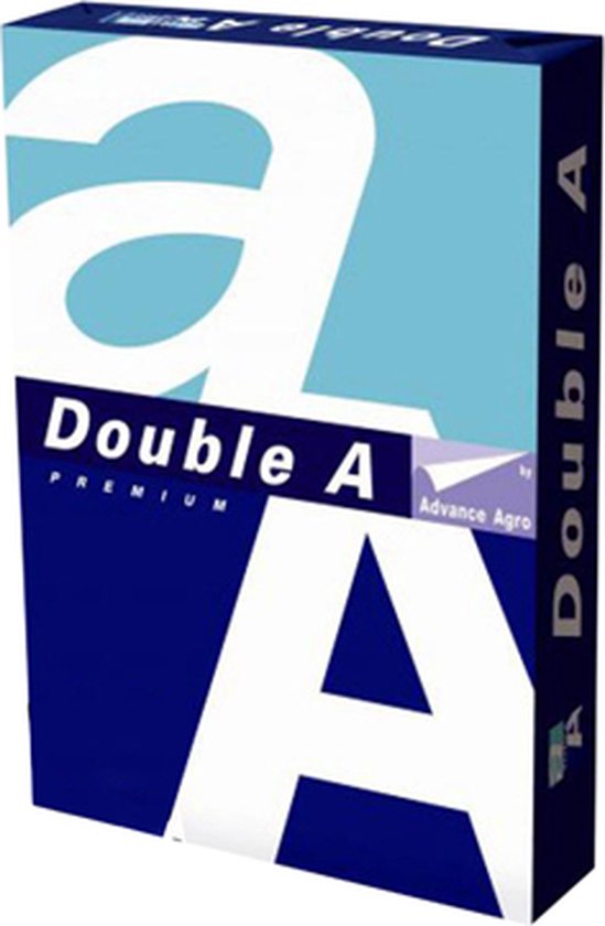 Pak Double A Premium A3 papier. Blauw en lichtblauw met grote witte 'A' en 'Double A' logo. Met 'Advance Agro' tekst.
