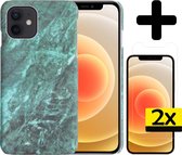 Hoesje Geschikt voor iPhone 12 Hoesje Marmer Case Hard Cover Met 2x Screenprotector - Hoes Geschikt voor iPhone 12 Case Marmer Hoesje Backcover - Groen.