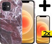 Hoes voor iPhone 12 Hoesje Marmer Case Rood Hard Cover Met 2x Screenprotector - Hoes voor iPhone 12 Case Marmer Hoesje Met 2x Screenprotector - Rood