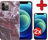 Hoes voor iPhone 12 Pro Hoesje Marmer Hardcover Fashion Case Hoes Met 2x Screenprotector - Hoes voor iPhone 12 Pro Marmer Hoesje Hardcase Back Cover - Rood x Wit