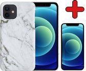 iPhone 12 Case Marble Hardcover Fashion Case Cover avec protecteur d'écran - iPhone 12 Marble Case Hardcase Back Cover - Wit x Grijs