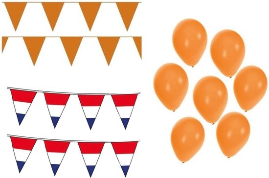 Oranje en rood-wit-blauwe vlaggetjeslijnen met oranje ballonnen.