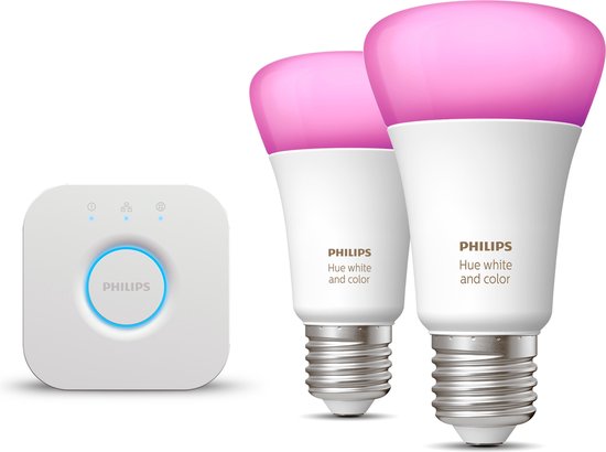 Snazzy Permanent eerste Philips Hue Starterspakket - White and Color Ambiance - E27 - 2 Hue LED  Lampen - 1 Bridge | bol.com